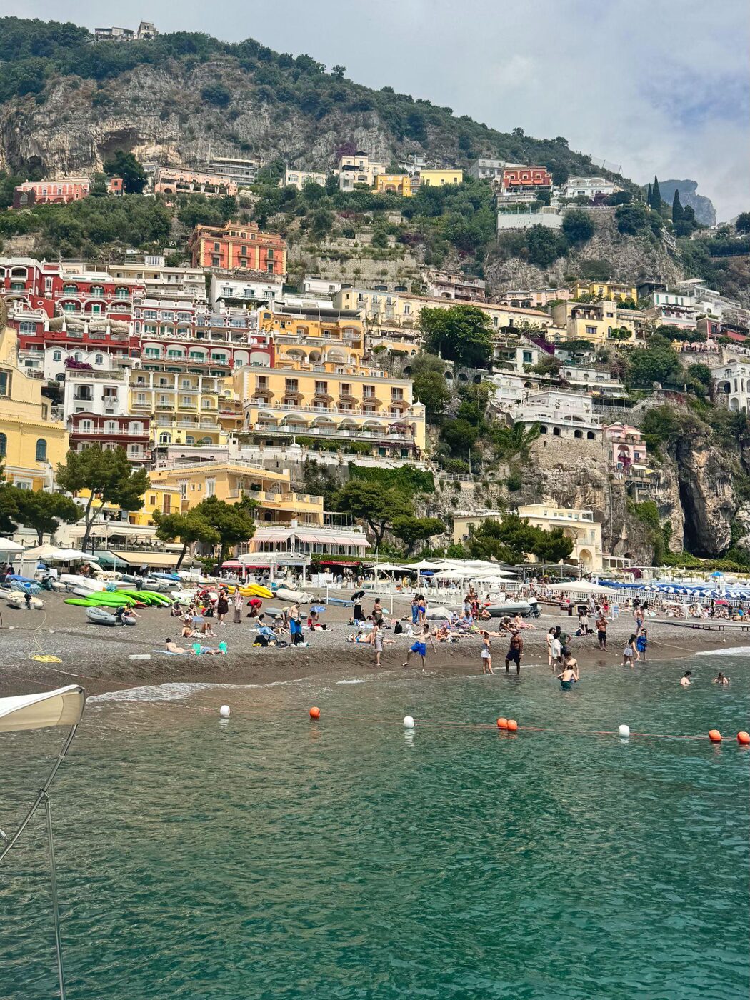 The colorful hillside town and beach of Positano from the water