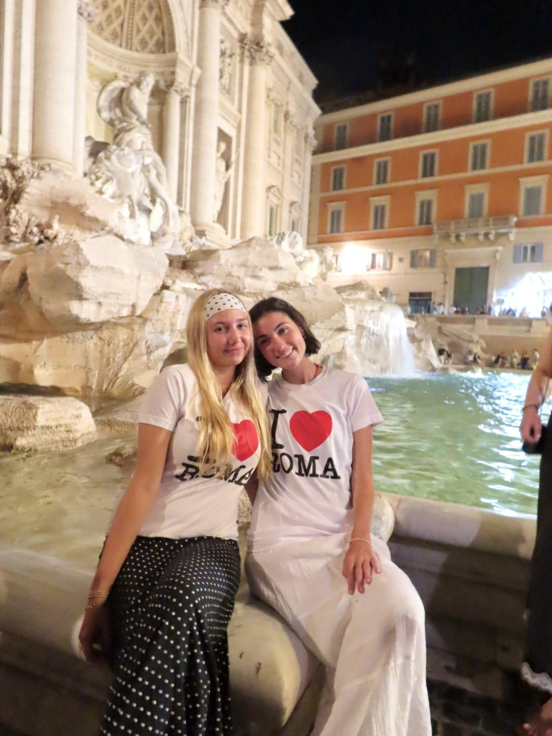 Morgan and me in &ldquo;I heart Roma&rdquo; tee shirts at the Trevi Fountain at night